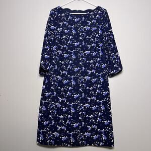 Talbots Black Blue Floral Shift Dress Scallop Neck Sz 10 Office Preppy 3/4 Sleev